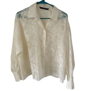 ZARA BASIC Women’s Chic Cream Floral Button Down Shirt Size S